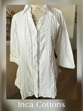 BRSND NEW From Peru. White Embroidered Button-Down Women's Shirt by Inca Cotton
